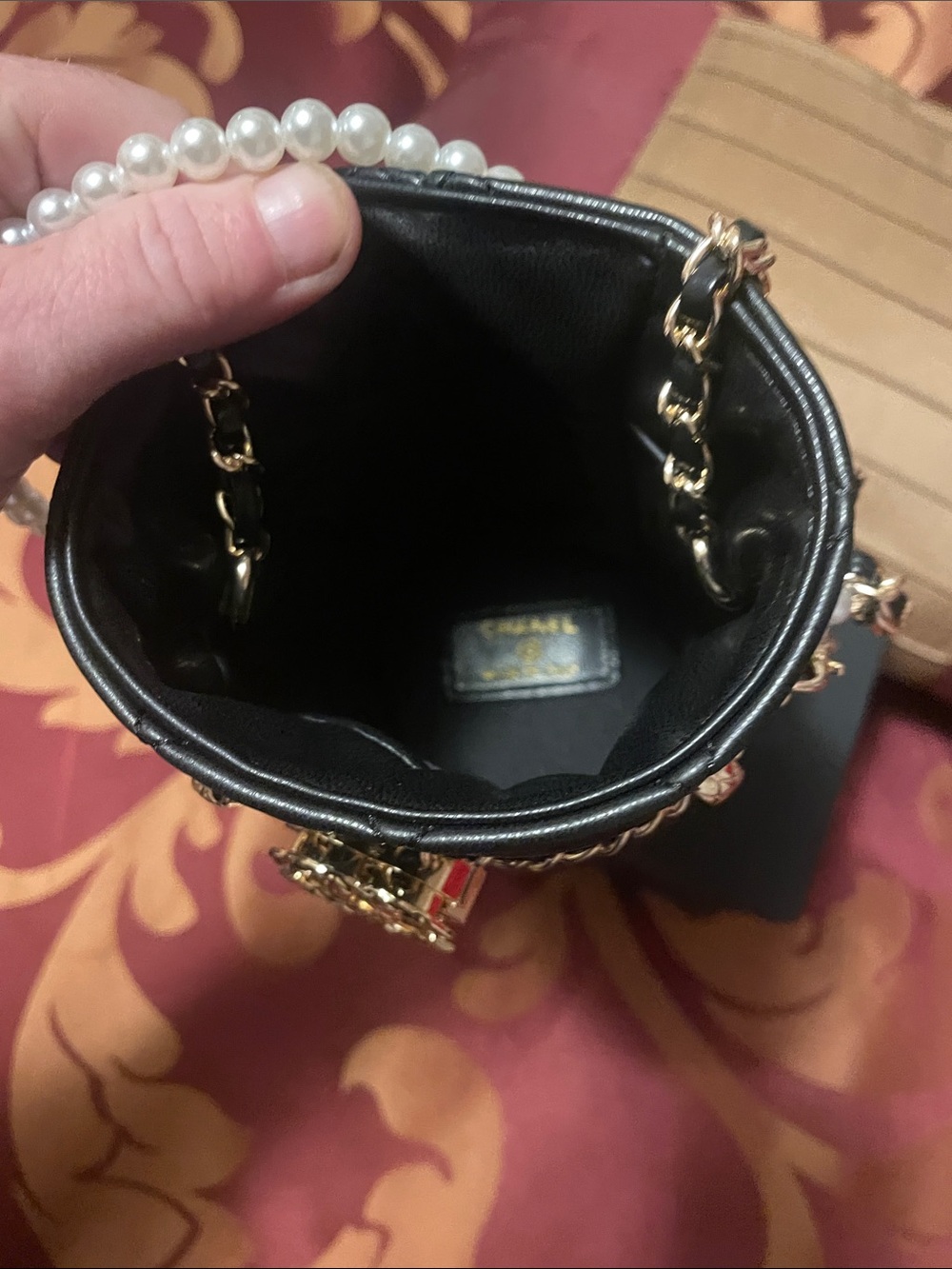 GWP Black Quilted Lambskin Mini Bucket with Gold Chain and Pearl Strap - Picture 17 of 17
